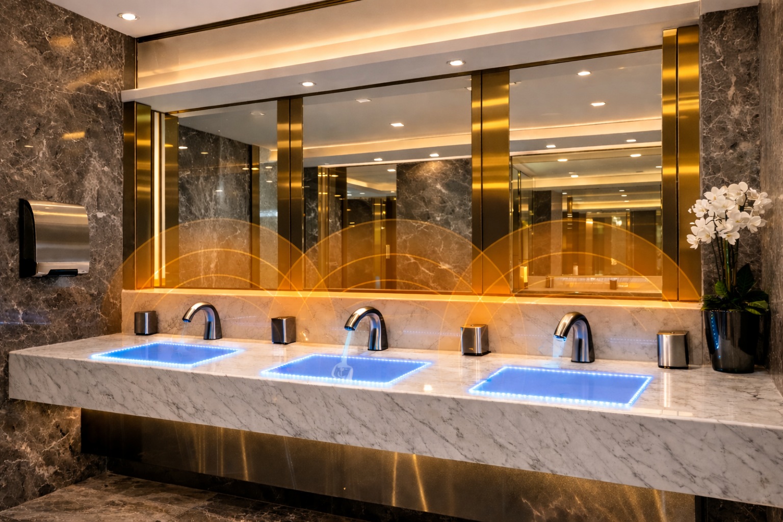 Infrared touchless faucet over reflective stone vanity in a luxury restroom